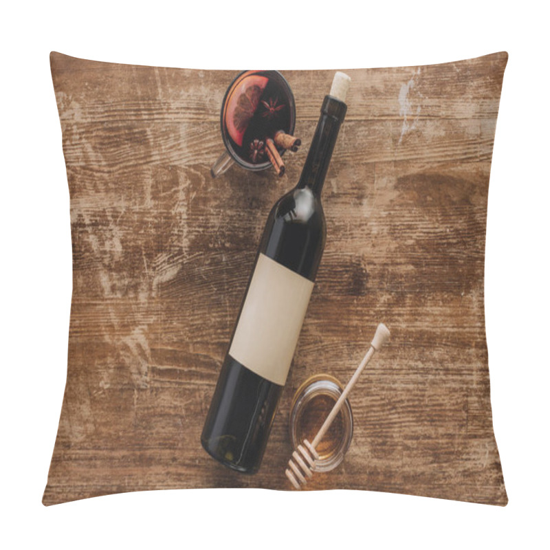 Personality  Top View Of Mulled Wine In Cup, Wine Bottle And Honey On Wooden Table Pillow Covers