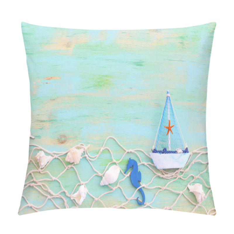 Personality  Nautical Concept With White Decorative Sail Boat, Seashells Over Blue Wooden Background Pillow Covers