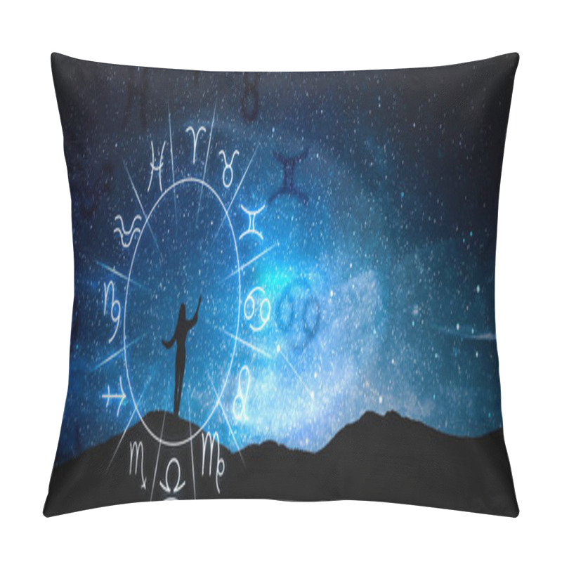 Personality  Zodiac Wheel And Photo Of Woman In Mountains Under Starry Sky At Night, Space For Text. Banner Design Pillow Covers