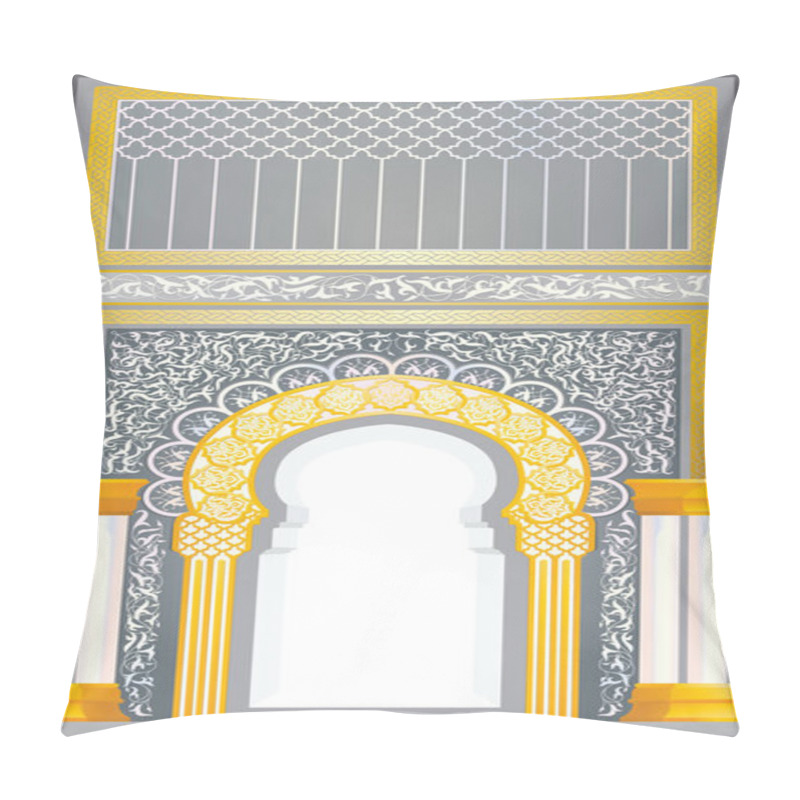 Personality  Islamic Arch Facade With Floral And Geometrical Pattern Design In Silver And Gold Colour Pillow Covers