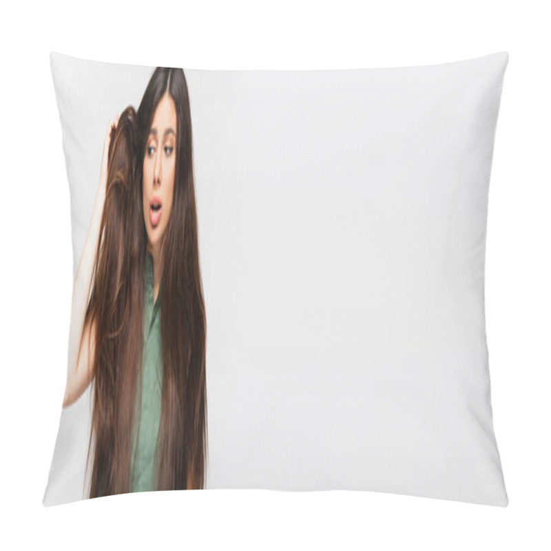 Personality  Upset Young Woman Looking At Tangled Long Hair Isolated On Grey, Banner Pillow Covers