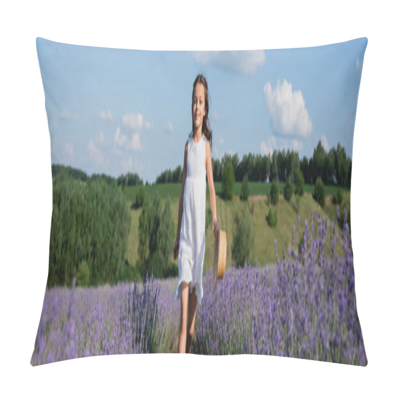 Personality  Girl With Straw Hat Walking In Lavender Field On Summer Day, Banner Pillow Covers