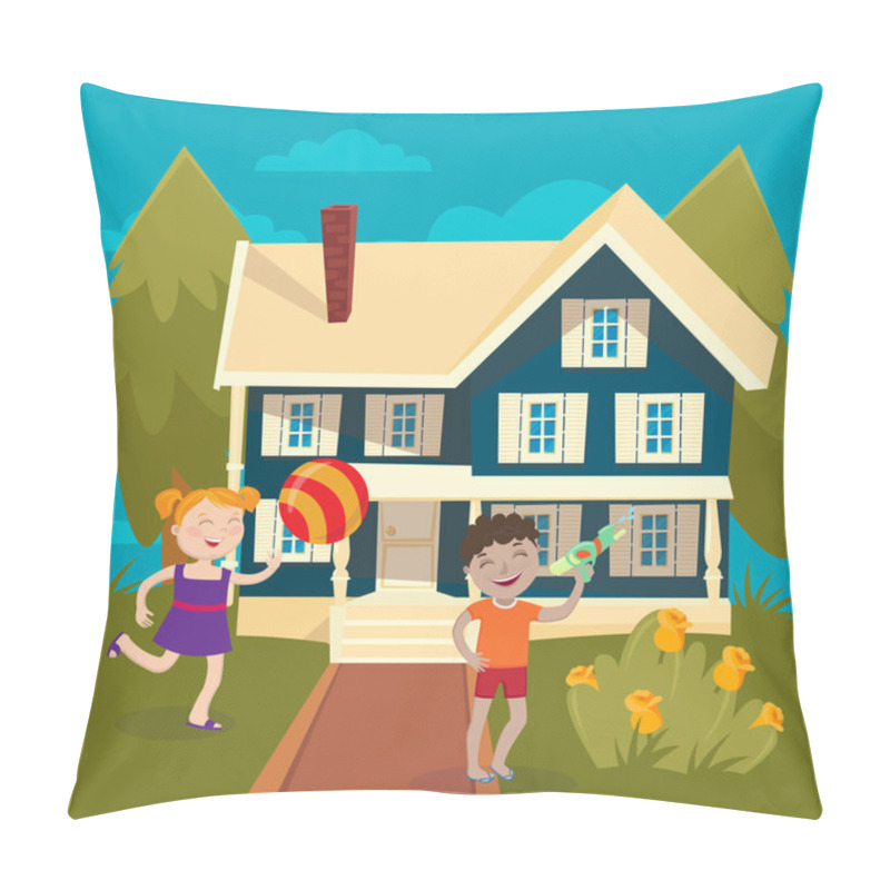 Personality  Happy Girl Playing Ball Near The House. Boy Playing Water Gun. Summer Children Vacation. Vector Illustration Pillow Covers