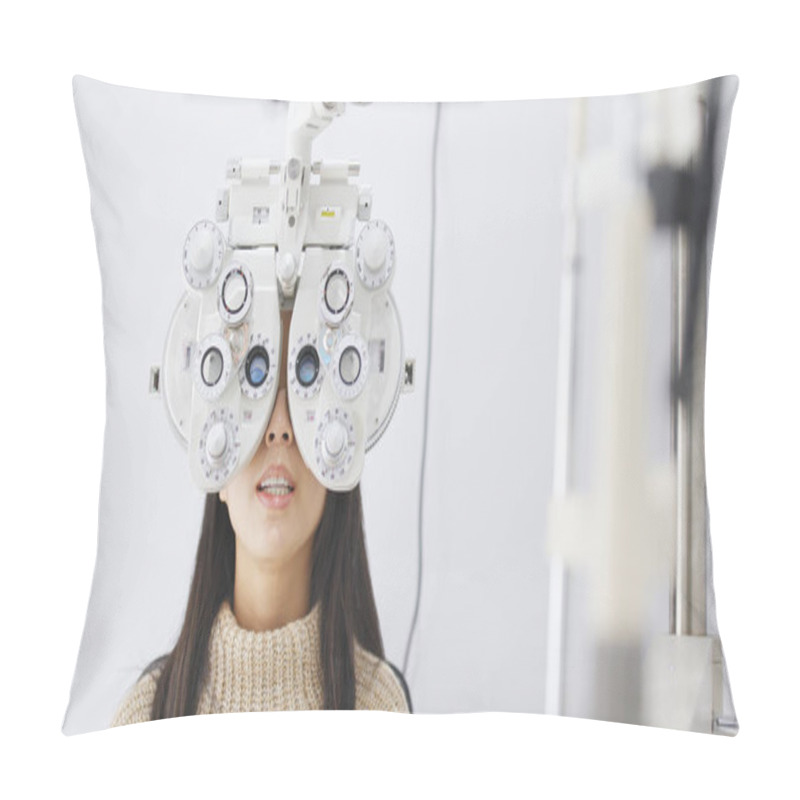 Personality  Woman Doing Eye Test In Clinic  Pillow Covers