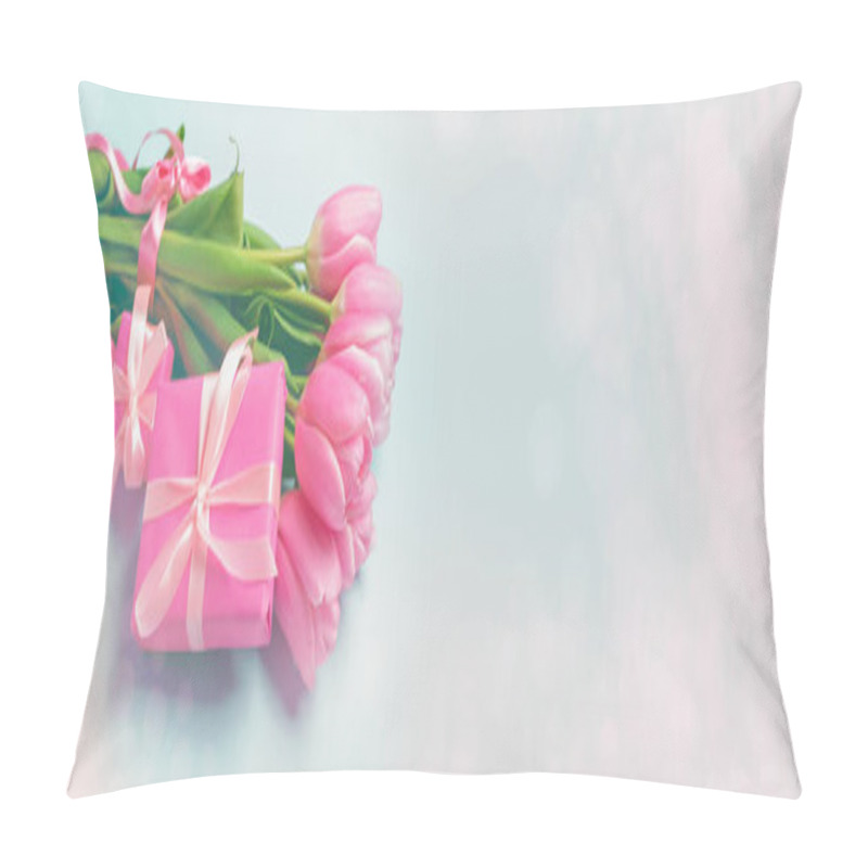 Personality  Gift Box And Bouquet Of Beautiful Tulips On Light Background Pillow Covers