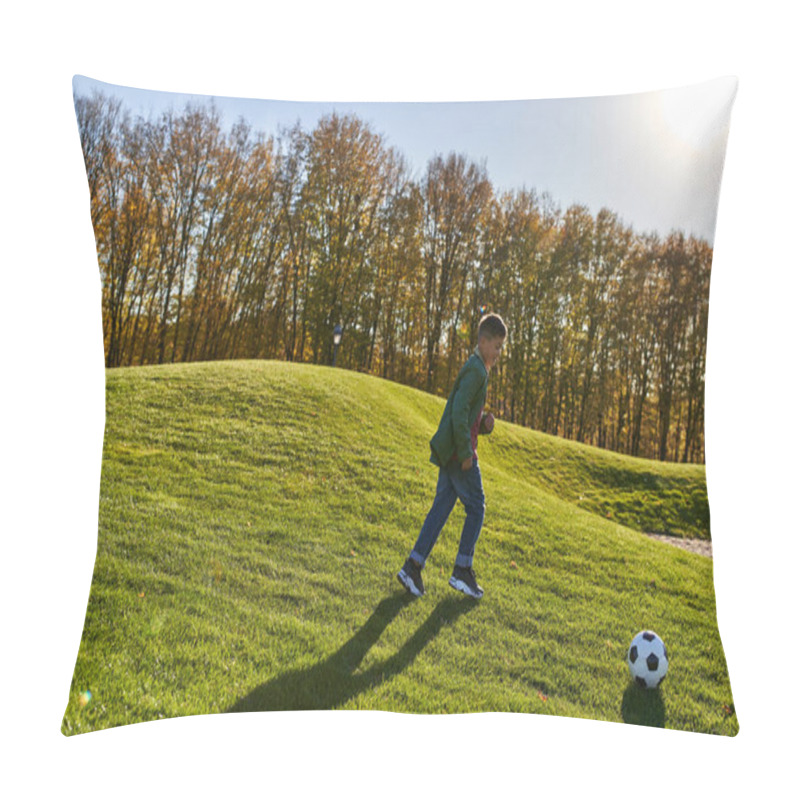 Personality  Happy African American Boy In Autumnal Clothes Running On Green Grass, Playing Football, Soccer Ball Pillow Covers