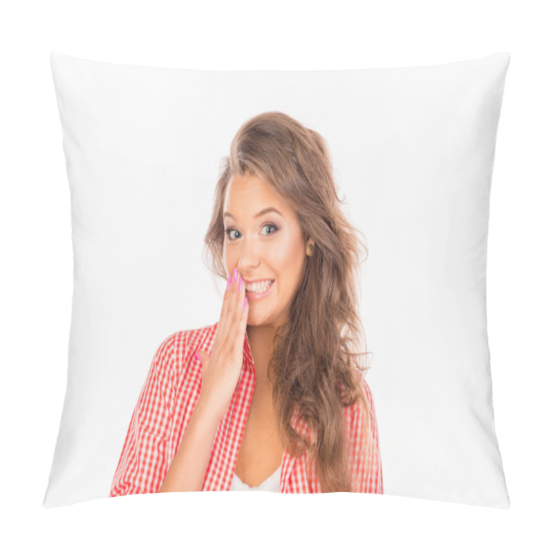 Personality  Ashamed Young Woman Hiding Mouth With Her Hand Pillow Covers