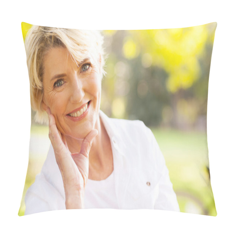 Personality  Lovely Middle Aged Woman Sitting At The Park Pillow Covers