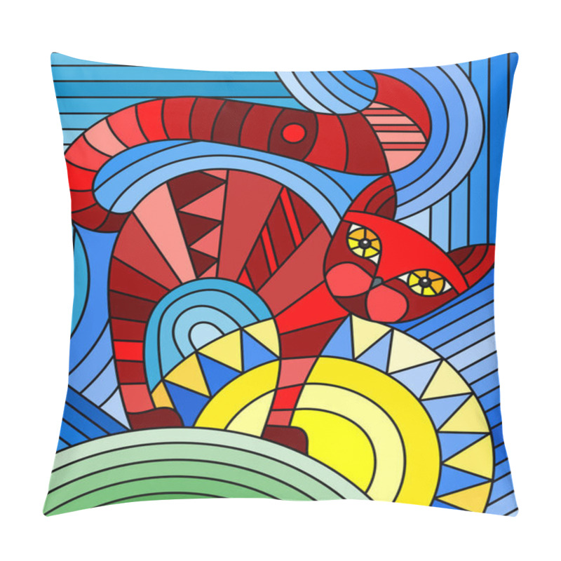 Personality  Illustration In Stained Glass Style With Abstract Red Geometric Cat  On A Blue Background Pillow Covers