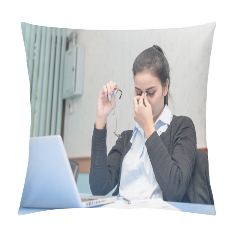 Personality  Tired Businesswoman Massaging Nose Bridge  Pillow Covers