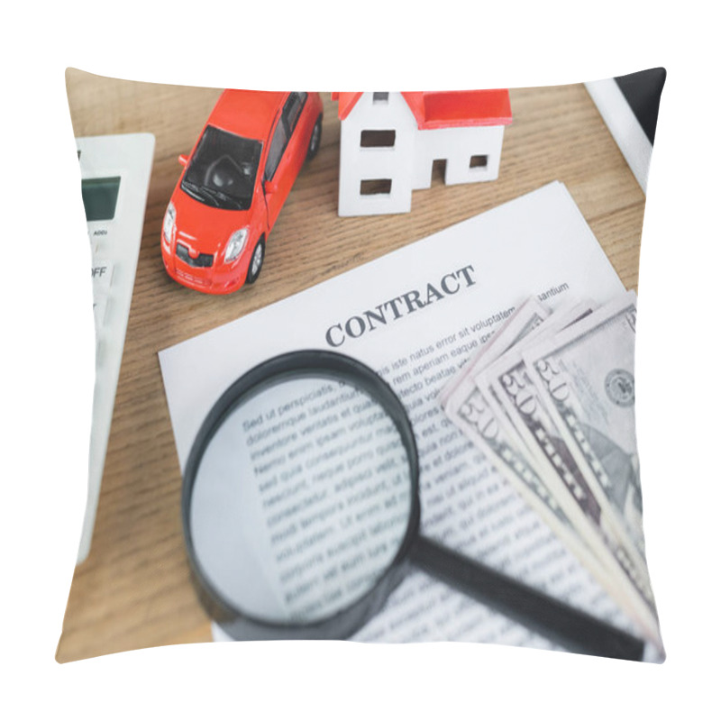 Personality  High Angle View Of Magnifier On Contract Near House Model And Toy Car On Table Pillow Covers