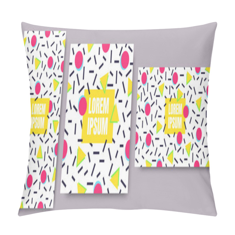 Personality  3 Geometric Background With Geometric Line Shapes Pattern With Trendy Memphis Fashion Style 80s-90s Template In Colorful Vibrant Colors Isolated On White Background Set Pillow Covers