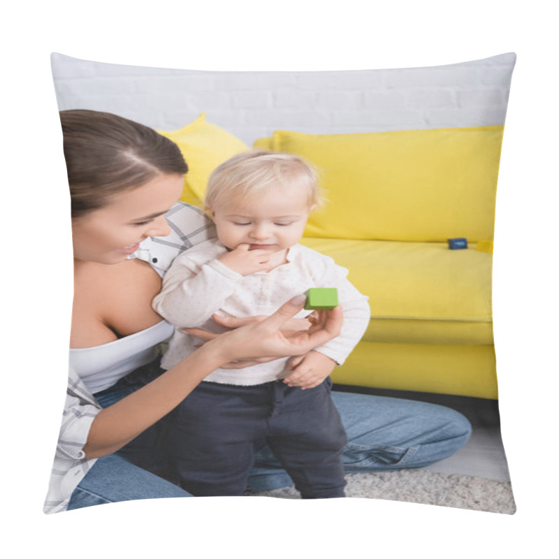 Personality  Smiling Woman Giving Toy Cube To Baby Boy While Playing On Floor At Home Pillow Covers