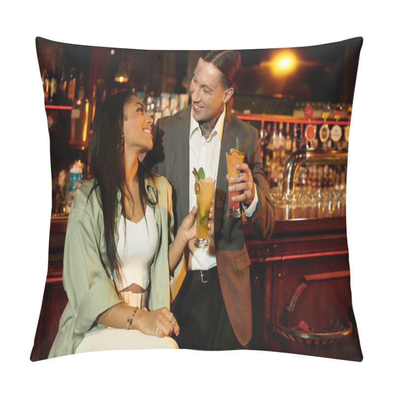 Personality  A Young Couple Shares Laughter And Drinks, Enjoying Their Lively Night At The Bar. Pillow Covers