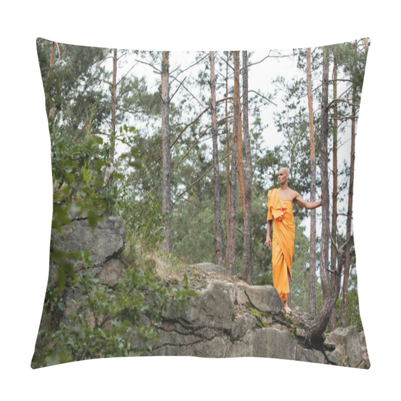 Personality  Full Length View Of Buddhist In Orange Robe Walking On Rocky Cliff In Forest Pillow Covers