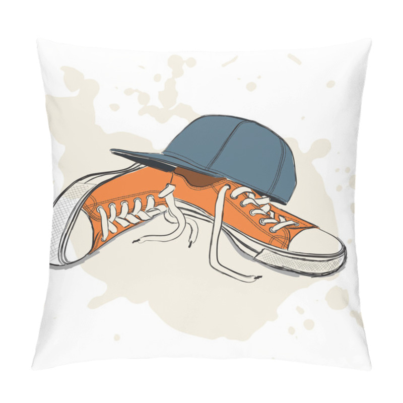 Personality  Drawing Vector Illustration With Sneakers And Baseball Cap Pillow Covers