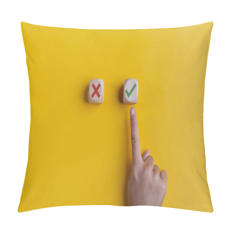 Personality  Right And Wrong Icons On Wooden Cubes With Hand Choosing The Right Icon On Yellow Background. Approving, Voting, Or Right Decision Concept. Pillow Covers