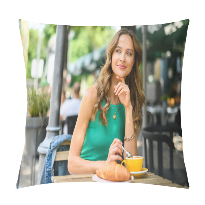 Personality  Smiling Woman Having Breakfast Outdoor In A City Pillow Covers