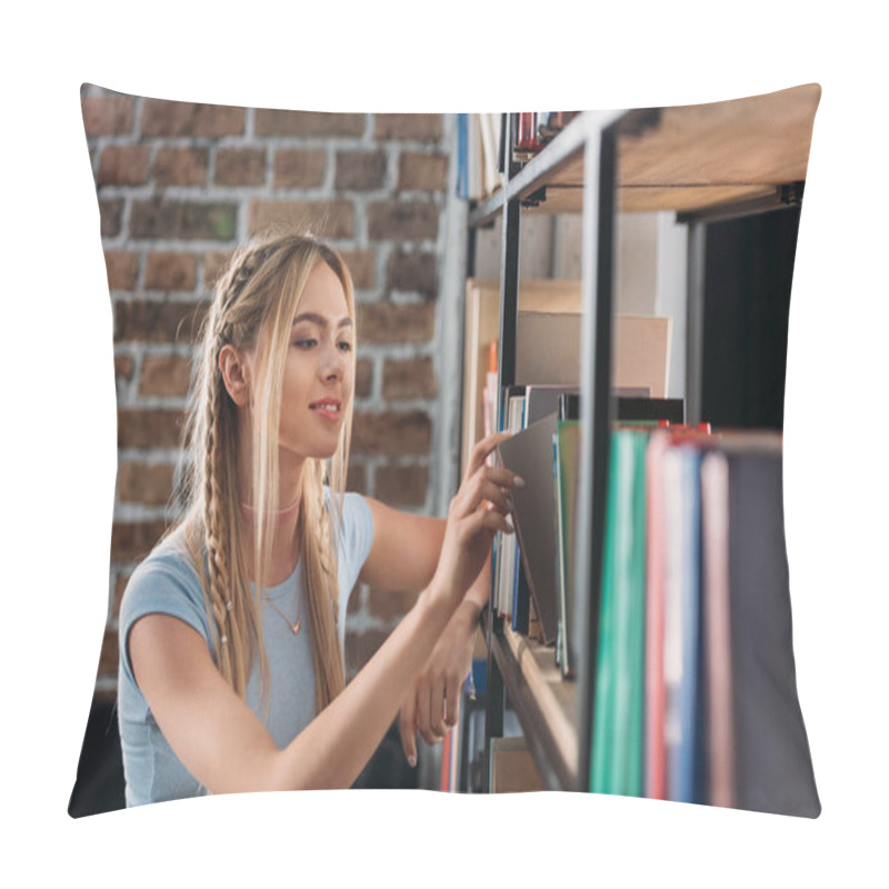 Personality  Smiling Young Woman Choosing Books On Bookshelves In Library  Pillow Covers