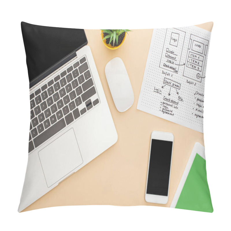 Personality  Top View Of Gadgets Near Website Design Template And Green Plant On Beige Background Pillow Covers