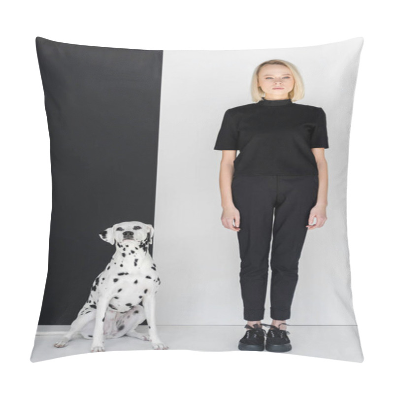 Personality  Attractive Stylish Blonde Woman In Black Clothes Standing Near Black And White Wall With Dalmatian Dog Pillow Covers