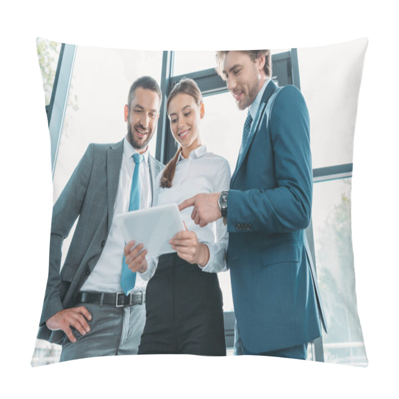 Personality  Bottom View Of Happy Business People Using Tablet Together At Modern Office Pillow Covers