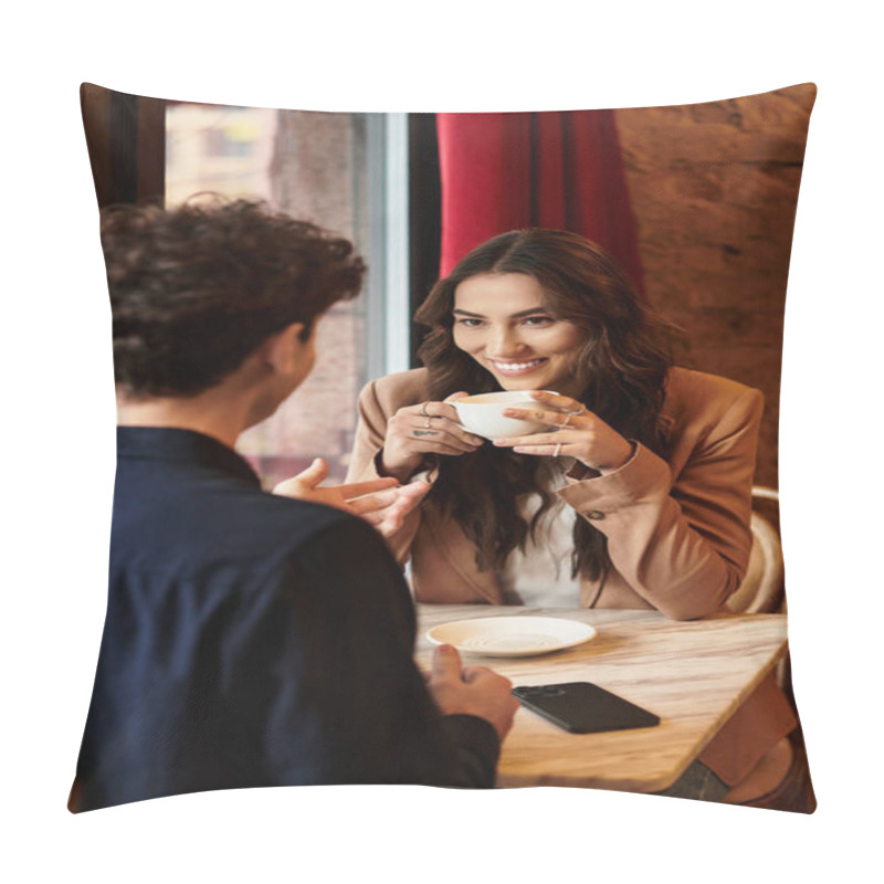 Personality  The Couple Shares Joyful Moments Over Coffee, Celebrating Their Love And Connection. Pillow Covers