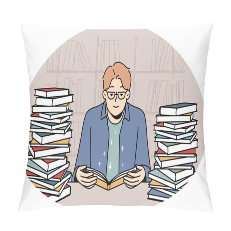 Personality  Smart Young Man In Glasses Sit In Library With Pile Of Books Reading. Clever Guy Enjoy Literature Studying At Desk With Textbooks Stacks. Vector Illustration. Pillow Covers