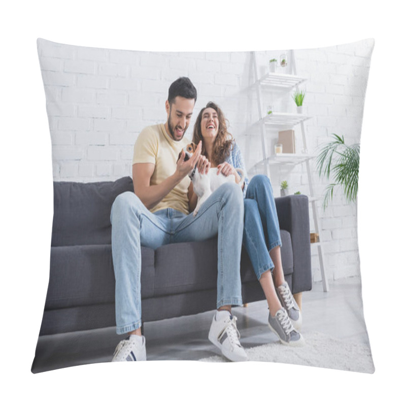 Personality  Cheerful Multiethnic Couple Cuddling Jack Russell Terrier And Laughing In Modern Living Room Pillow Covers