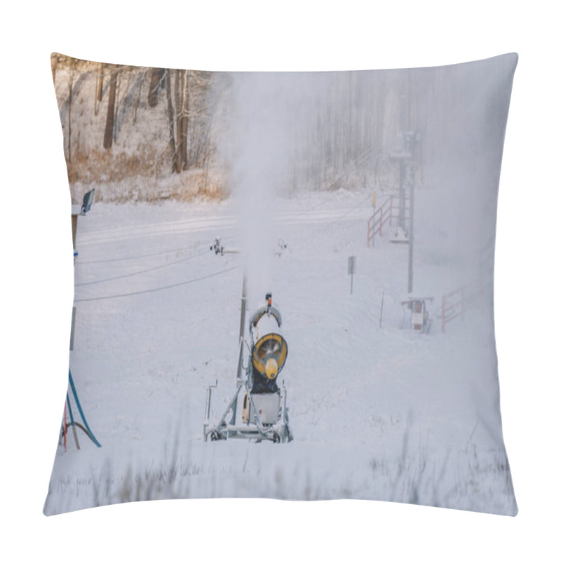 Personality  A Snow Cannon Producing Artificial Snow On A Snowy Slope, Surrounded By A Winter Landscape, With Frost And Mist In The Air. Pillow Covers