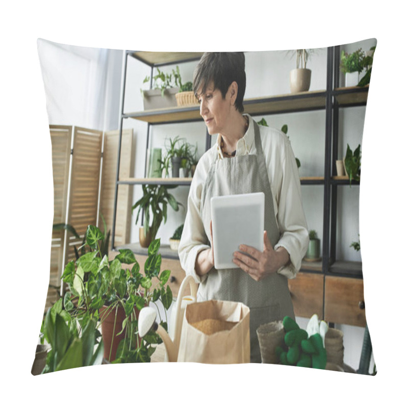 Personality  A Woman Tends To Her Beloved Plants While Enjoying Her Creative Space. Pillow Covers