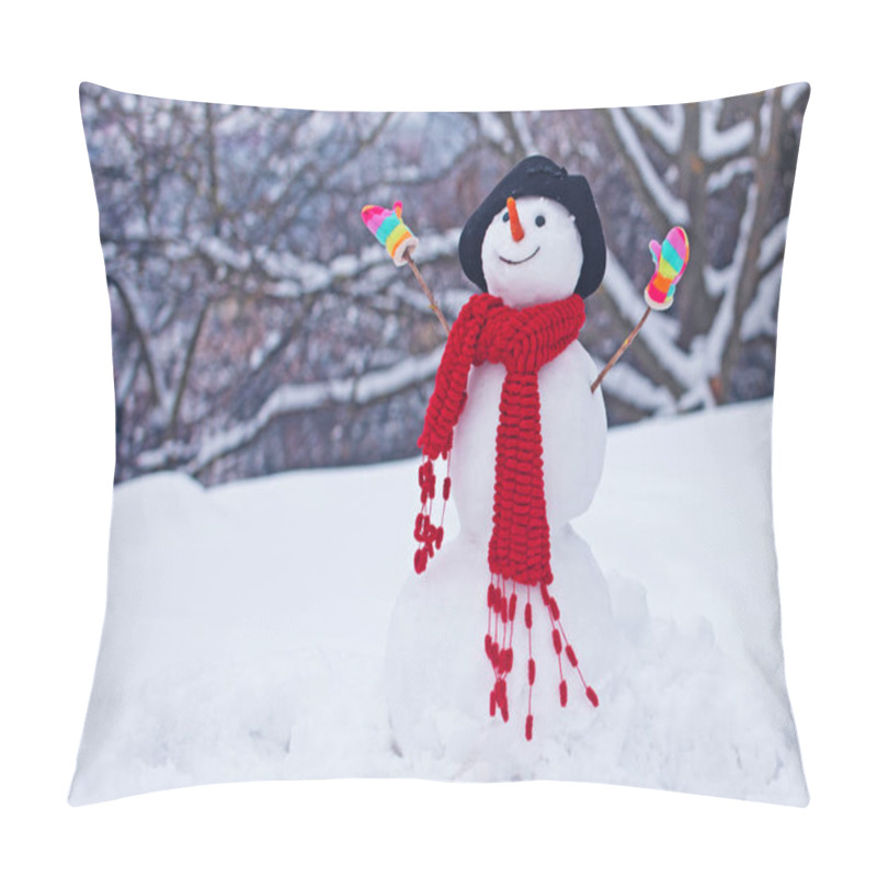 Personality  Happy Snowman With Gift Boxes Standing In Winter Christmas Landscape. Funny Snowman In Stylish Hat And Scarf On Snowy Field. Snow Men. Pillow Covers