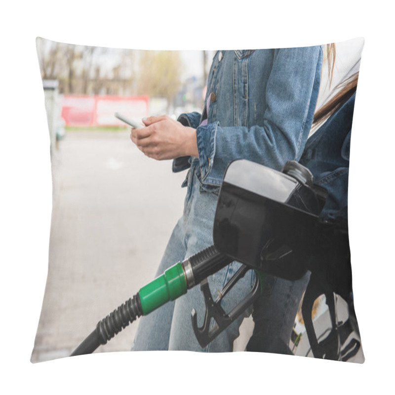 Personality  Partial View Of Young Woman Messaging On Cellphone Near Car On Gas Station Pillow Covers