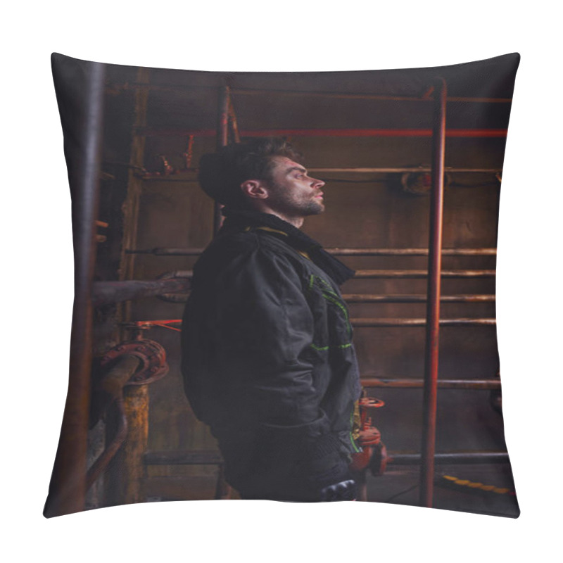 Personality  Side View Of Man Survived In Apocalypse Standing Near Rusty Pipelines In Dark Underground Tunnel Pillow Covers