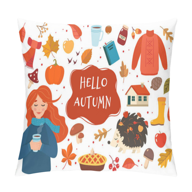 Personality  Autumn Hand Drawn Elements Collection With Lettering On White Background. Cute Vector Illustration In Flat Style Pillow Covers