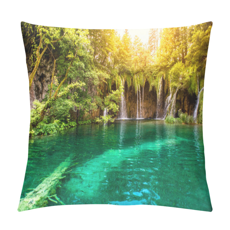 Personality  Nature Wonderland, Lake Waterfall In National Park On A Sunny Summer Day With Sunlight. Waterfalls In Deep Forest, Plitvice National Park Pillow Covers