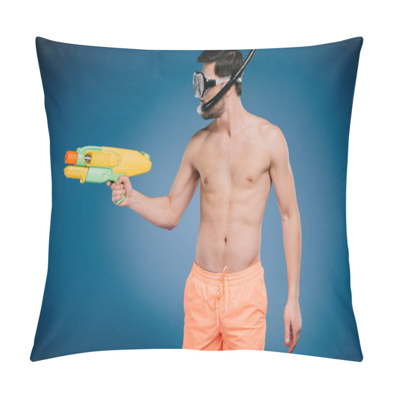 Personality  Young Man In Shorts And Diving Mask Holding Water Gun On Blue  Pillow Covers