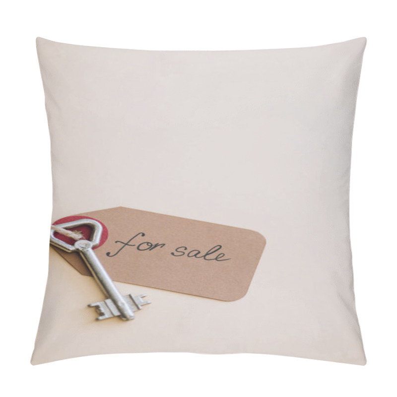 Personality  Top View Of Key With Trinket With For Sale Lettering On White Background Pillow Covers