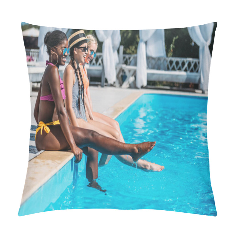 Personality  Multiethnic Women Near Swimming Pool Pillow Covers