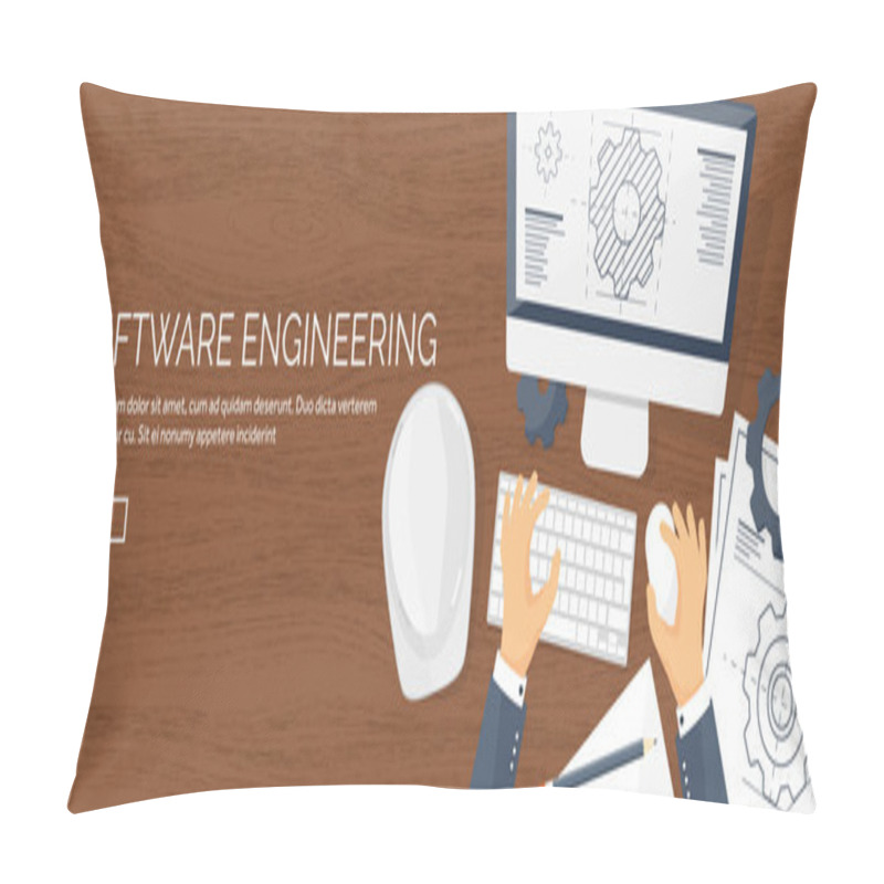 Personality  Vector Illustration. Engineering And Architecture. Computer. Drawing, Construction.  Architectural Project. Design, Sketching. Workspace With Tools. Planning, Building. Wooden Background. Pillow Covers