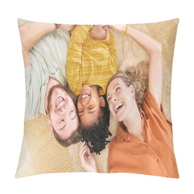 Personality  Interracial Family, Adoption And Home On Floor With Head Together For Love, Happy And Bonding. Mom, Dad And African Girl Child Lying With Smile, Happiness And Diversity On Carpet With Top View. Pillow Covers