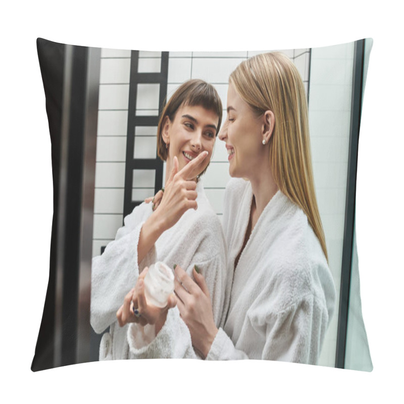 Personality  Two Young Women In Bath Robes Applying Cream In A Hotel Bathroom. Pillow Covers