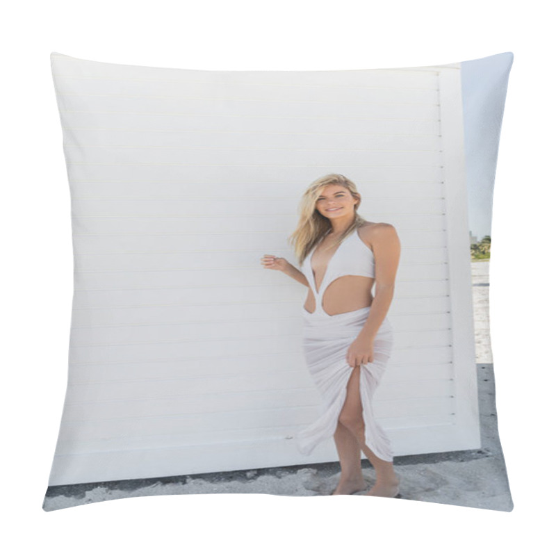 Personality  A Young, Beautiful Blonde Woman Stands Elegantly Next To A White Wall On A Sunny Day In Miami Beach. Pillow Covers