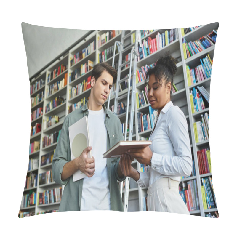 Personality  A Dedicated Teacher Shares Insights With Her Young Student In A Colorful Library Filled With Books. Pillow Covers