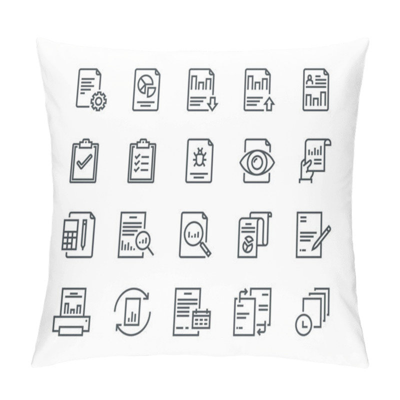 Personality  Report. Set Of Outline Vector Icons. Includes Such As Auto Reports, Calculation, Settings, Generate And More. Pillow Covers