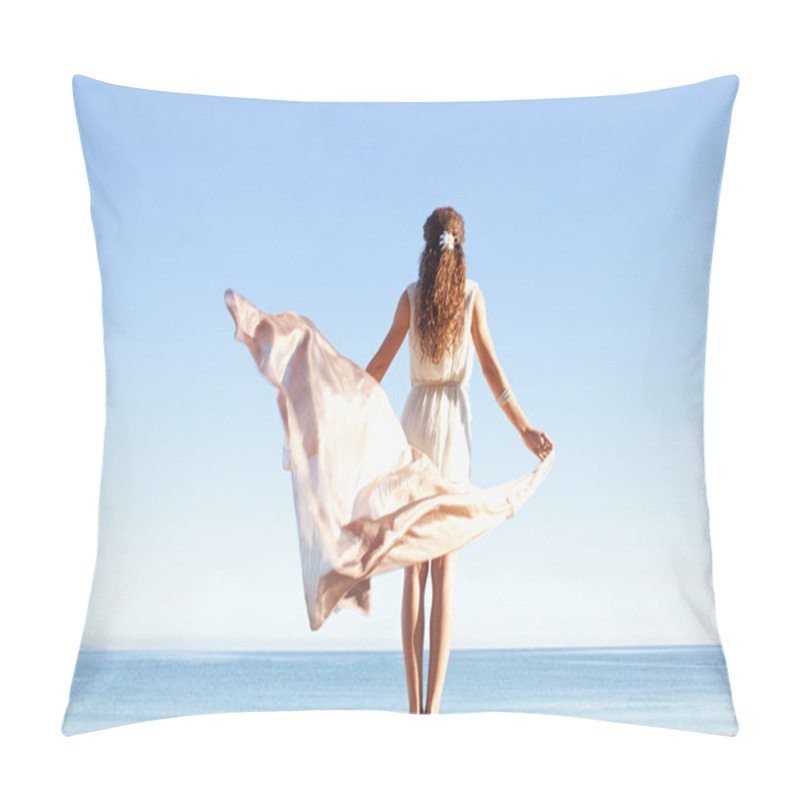 Personality  Woman In White Against Sky And Sea Pillow Covers