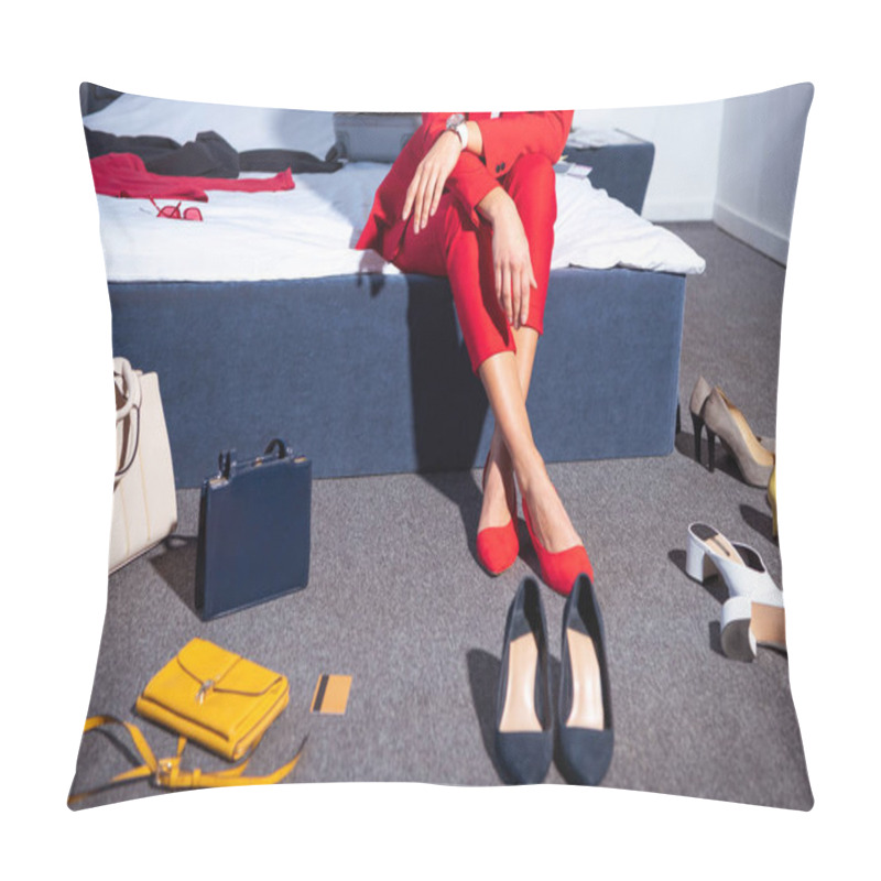 Personality  Cropped Shot Of Girl In Stylish Red Suit And Shoes Sitting On Bed Pillow Covers