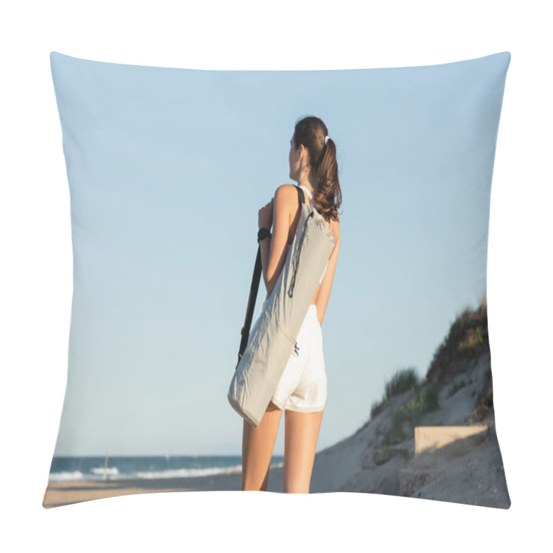 Personality  Young Woman In Sportwear Holding Shoulder Bag With Fitness Mat On Beach Near Sea Pillow Covers