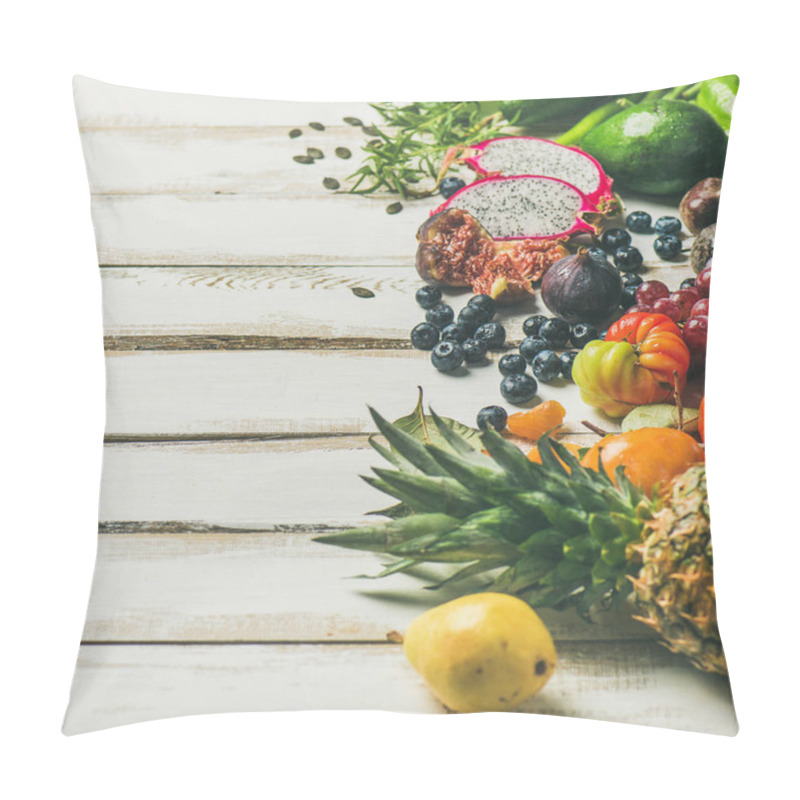 Personality  Helathy Raw Vegan Food Cooking Background. Fresh Fruit, Vegetables, Greens, Superfoods Over White Wooden Table Pillow Covers