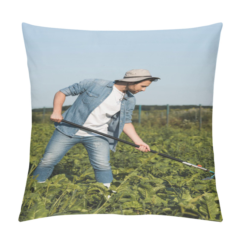 Personality  Full Length View Of Farmer In Denim Clothes Cultivating Plants In Field Pillow Covers